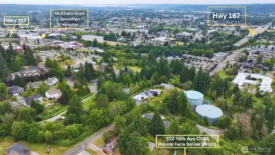 Aerial photo showcasing proximity of the house to Good Samaritan Hospital, and highways 512 and 167.