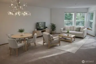 Light and bright livingroom with new lighting and deck access.