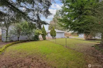Backyard has a fence separating the right unit from the left. There is a man-gate to get from one side to the other. Beautiful shade trees; can be limbed up some to add more sunlight.