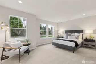 Primary bedroom with 5-piece attached bathroom and walk-in closet with loads of windows. Materials, colors, and finishes will vary. See site agent for details