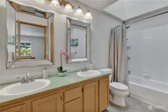 Hallway full bath with double sinks and a skylight. Some newer cosmetic touches in here.