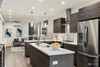 Large kitchens in both plans.  Each kitchen features BOTH an island AND peninsula + stainless appliance package + stone backsplash + quartz-topped counters + amazing storage + under cabinet lighting + separate dining spaces.