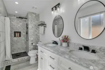 Primary bathroom with Italian marble tile