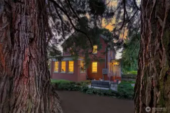 Redwood Patio Refuge  Cradled by century-old trunks, the residence opens to an expansive patio—just one of many alfresco enclaves tucked across this sweeping 16,706 sq ft parcel. Here, slow sunsets and starlit stories unfold on a private perch that extends into the 500-acre expanse of Discovery Park, offering a life lived largely outdoors.