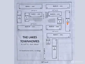 Map of the Lakes 70 unit Townhomes complex.  Unit is located in the middle of building F