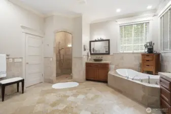 Large walk-in stone surround shower.