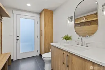 Lower-level half bath with storage