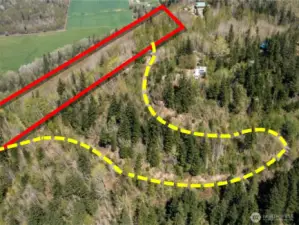 Overhead view with approximate boundaries in red and approximate location of the easement in yellow.
