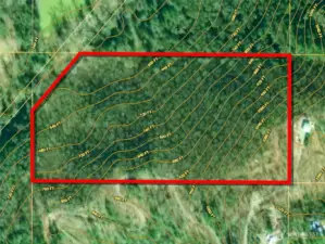 Overhead view with approximate boundaries in red and approximate topography lines.