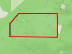 Overhead view with approximate boundaries in red and approximate topography lines.
