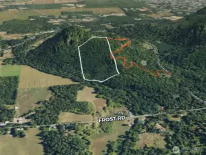Overhead view with approximate boundaries in white and approximate easement in red.