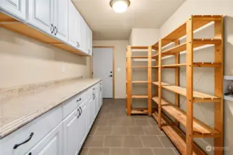 Laundry room with cabinets and shelving for storage