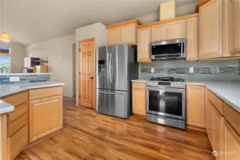 Quartz counters in the kitchen and gas stove