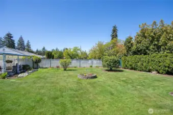 A look at the backyard from the side, showcasing generous space ideal for kids, pets, or backyard games.