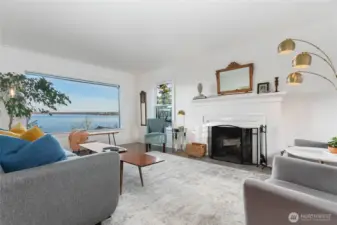 Living room with wood burning fireplace