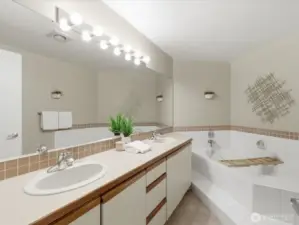 Primary Bathroom with Large Soaking Tub and Double Sink Vanity
