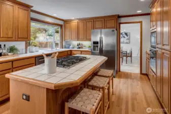 Open kitchen with island, stainless appliances and greenhouse windows out to the rear patio