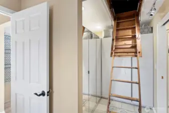 Additionally, there's a huge full-height attic with plywood floor. These pull-down stairs provide access to this large area above that's a perfect place to put seasonal items and holiday decor!