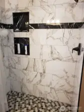 Main Guest Bath Room Showing New Walk In Full Floor to Ceiling Tile Shower.