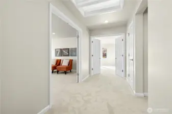 Upstairs hallway with skylights
