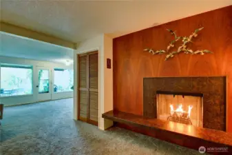 Downstairs wood fireplace