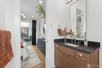 Bathroom in the 1st level guest suite. Model Home pictures for illustration only. Colors and features may vary