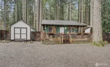 Front shot of home, possibly the cutest cabin in the woods ever! Fresh gravel for easy and generous parking for you and your guests, one of two storage sheds on your left. I love the huge wrap-around deck and amazing trees!