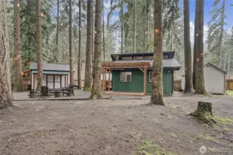 View of the cabin and additional shed/guest bedroom from back of yard, additional covered deck on the back. Love  the tall trees!