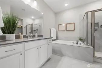 Primary ensuite bath with soaking tub and shower