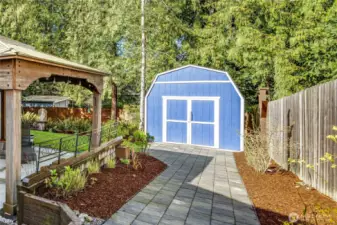 An outbuilding storage untit to hold the gardening tools.