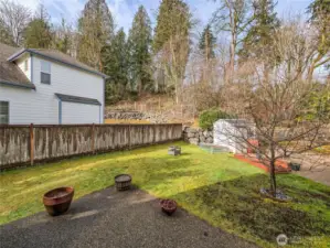 Level backyard, mostly fenced with garden boxes