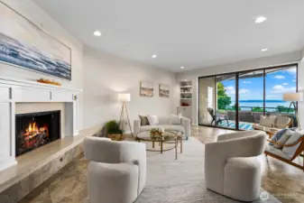 Spacious living room with sweeping views, gas fireplace, marble tile floors and space for multiple furniture groupings.