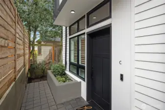 Covered Front Entry. Modern Planter.