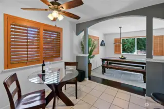 Kitchen eating space and dining room.