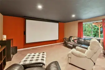 Lower level rec room with giant pulldown screen and projector.