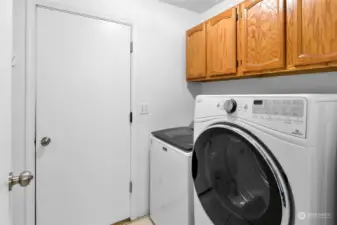 The utility room is between the kitchen eating space and garage.