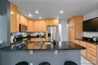 Granite counters and stainless steel appliances.