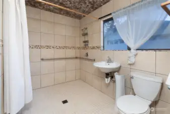 3/4 bathroom in the South wing with roll in shower & grab bars in shower and by toilet.