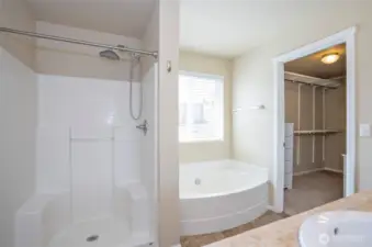 The primary ensuite features a relaxing soaking tub, spacious walk-in shower, and an oversized walk-in closet.