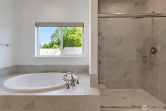 Fully tilted shower and large tub.