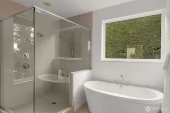 Spa-inspired bathroom with soaking tub, spacious shower, and separate sink stations.
