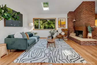 Great living room with wood fire.