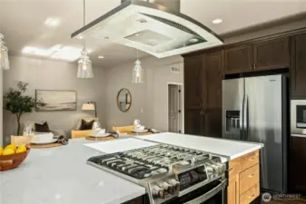 Light streams into this kitchen as you don't have a home right next door!  Statement glass pendant lighting.