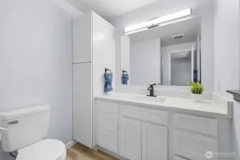 New cabinet, granite counter top to match the hall bath, new mirror and light.