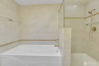 This is the primary en-suite jetted tub and tiled shower.