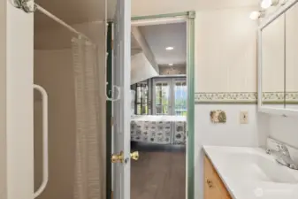 Bathroom in basement with shower, laundry, toilet and sink