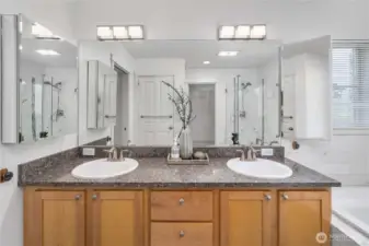 Updated primary bath with dual vanity sinks