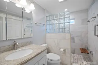 Bath with heated floors (marble), large shower