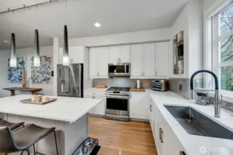 Glass subway tile backsplash