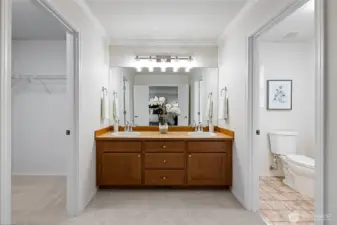 Primary bath with walk-in closet and double vanity